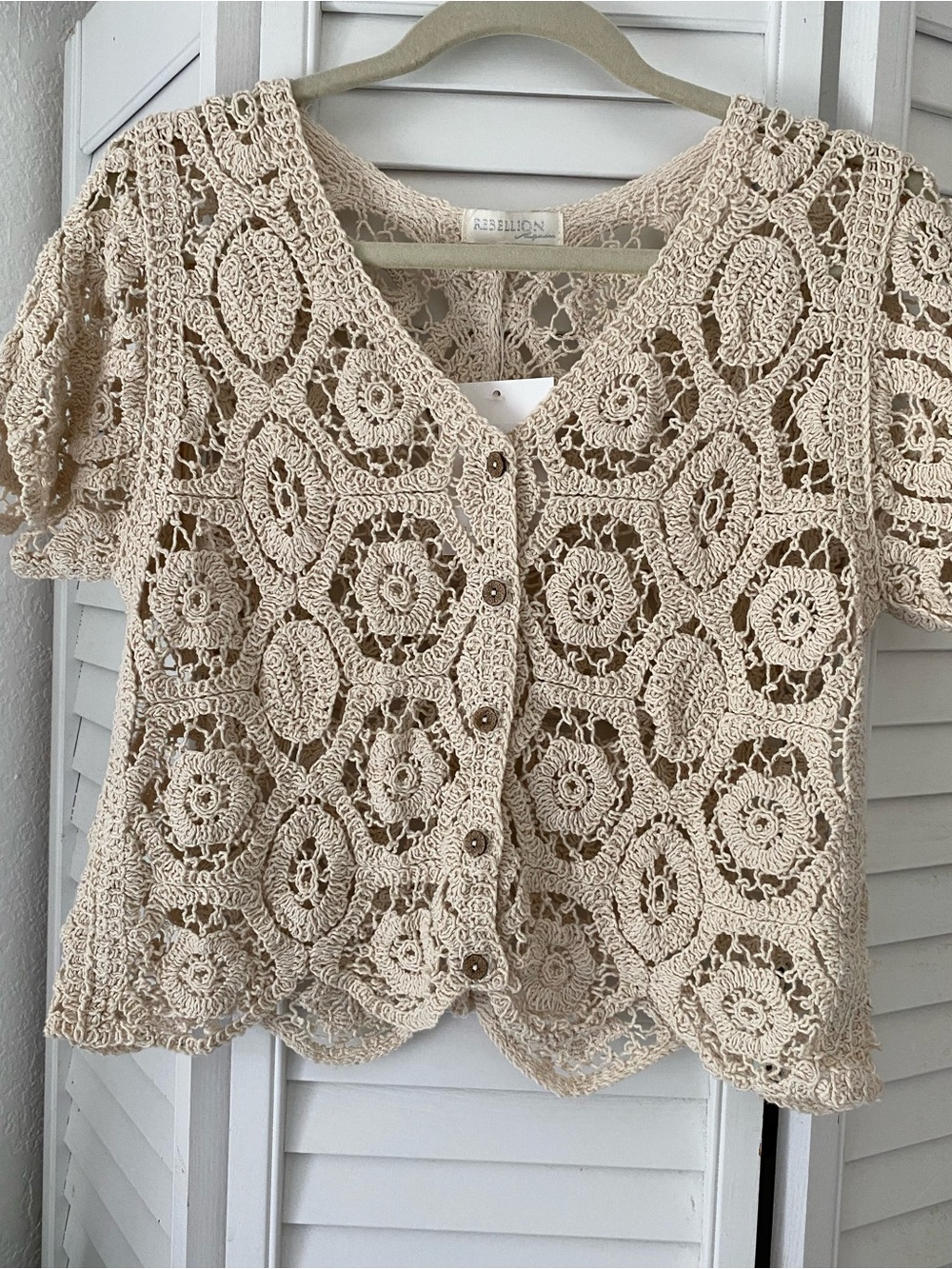 Rebellion Again “Button Up Crocheted Top” Size Small Cream NWT